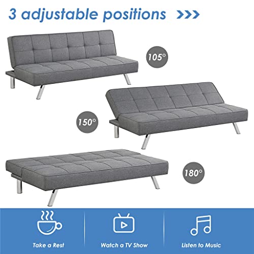 Walnut Convertible Futon Grey Linen Fabric Sofa Bed Adjustable Sleeper with Stainless Steel Legs