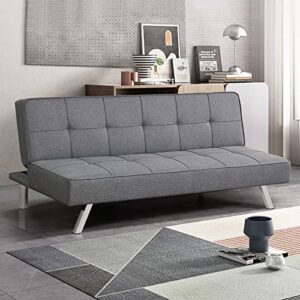 Walnut Convertible Futon Grey Linen Fabric Sofa Bed Adjustable Sleeper with Stainless Steel Legs