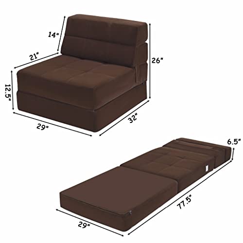 Walnut Tri-Fold Fold Down Chair Flip Out Lounger Convertible Sleeper Bed Couch Dorm Living Room Furniture