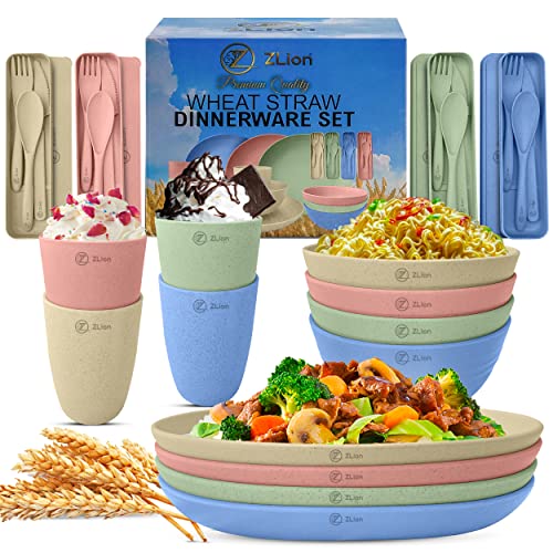 28pcs Wheat Straw Dinnerware Sets of 4. Premium Quality Plates, Bowls, Cups & Cutlery w/Case. Microwave & Dishwasher Safe! Great Indoor & Outdoor Kitchen Set. Plates and Bowls Set for Kids & Elderly