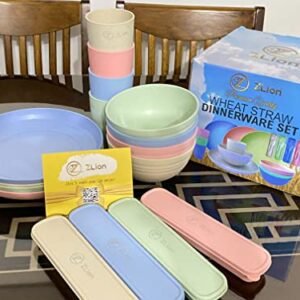 28pcs Wheat Straw Dinnerware Sets of 4. Premium Quality Plates, Bowls, Cups & Cutlery w/Case. Microwave & Dishwasher Safe! Great Indoor & Outdoor Kitchen Set. Plates and Bowls Set for Kids & Elderly