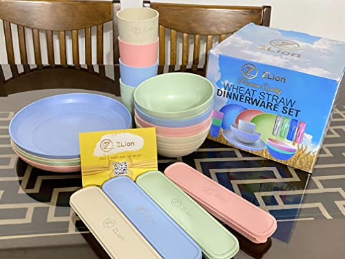 28pcs Wheat Straw Dinnerware Sets of 4. Premium Quality Plates, Bowls, Cups & Cutlery w/Case. Microwave & Dishwasher Safe! Great Indoor & Outdoor Kitchen Set. Plates and Bowls Set for Kids & Elderly