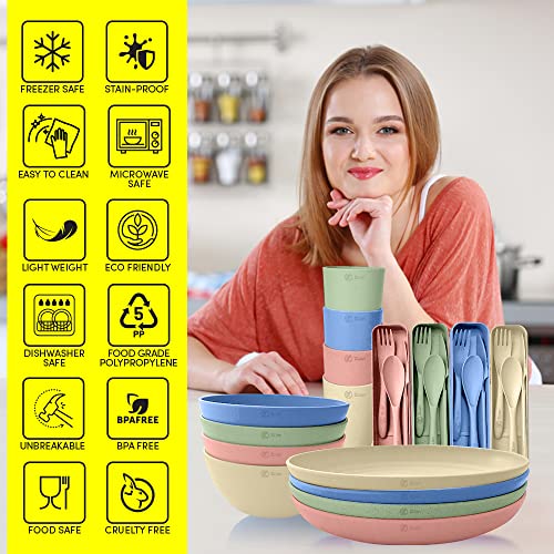 28pcs Wheat Straw Dinnerware Sets of 4. Premium Quality Plates, Bowls, Cups & Cutlery w/Case. Microwave & Dishwasher Safe! Great Indoor & Outdoor Kitchen Set. Plates and Bowls Set for Kids & Elderly