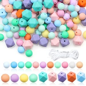 101 pcs silicone beads, silicone loose beads for keychain making round rubber beads polygonal silicone beads colorful silicone loose pearl beads with rope for diy necklace bracelet jewelry crafts