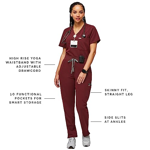 FIGS YOLA High Waisted Skinny Scrub Pants for Women - Burgundy, Regular XS