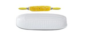 friwer white porcelain 9 inch corn cob tray, set of 4 - with 8 stainless steel soft grip corn picks