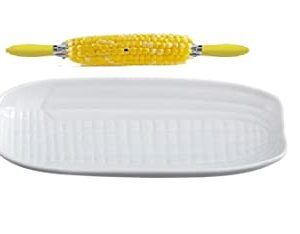 Friwer White Porcelain 9 Inch Corn Cob Tray, Set of 4 - with 8 Stainless Steel Soft Grip Corn Picks