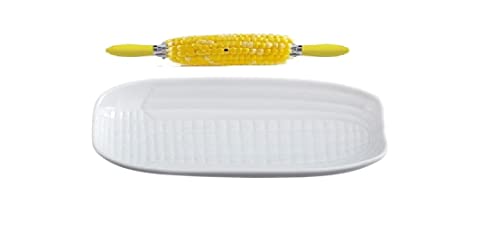 Friwer White Porcelain 9 Inch Corn Cob Tray, Set of 4 - with 8 Stainless Steel Soft Grip Corn Picks