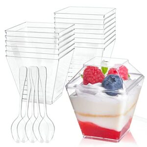 qeirudu 100 pack 2 oz plastic dessert cups with lids and spoons - mini shooter cups for desserts small square serving cups for party individual banana pudding appetizers parfait