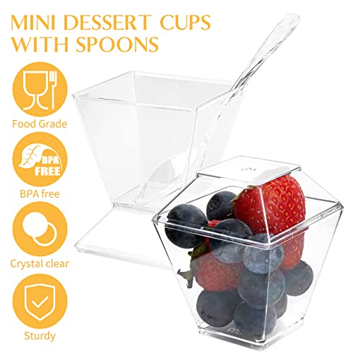 Qeirudu 100 Pack 2 oz Plastic Dessert Cups with Lids and Spoons - Mini Shooter Cups for Desserts Small Square Serving Cups for Party Individual Banana Pudding Appetizers Parfait