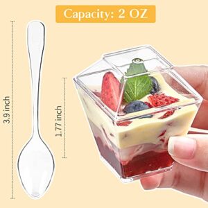Qeirudu 100 Pack 2 oz Plastic Dessert Cups with Lids and Spoons - Mini Shooter Cups for Desserts Small Square Serving Cups for Party Individual Banana Pudding Appetizers Parfait