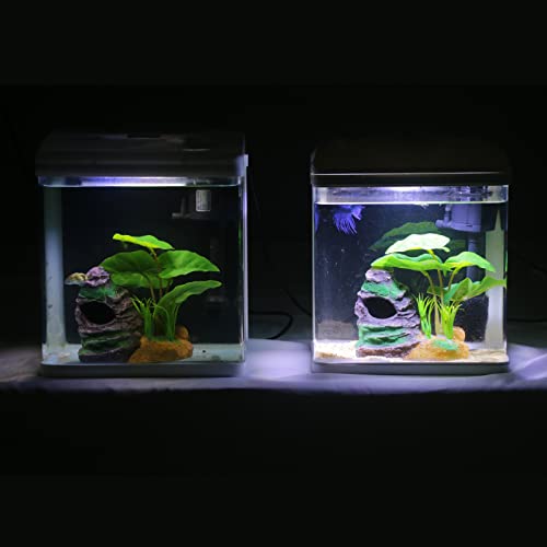 Fish Tank with Filter and Light Self Cleaning System Including Mountain Cave and Leaf Decoration Rimless Aquarium Low Iron Glass 2 Gallon Small Betta Fish Tank Clear Nano Fish Tank Starter Kit