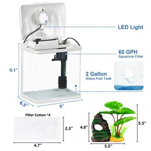 Fish Tank with Filter and Light Self Cleaning System Including Mountain Cave and Leaf Decoration Rimless Aquarium Low Iron Glass 2 Gallon Small Betta Fish Tank Clear Nano Fish Tank Starter Kit