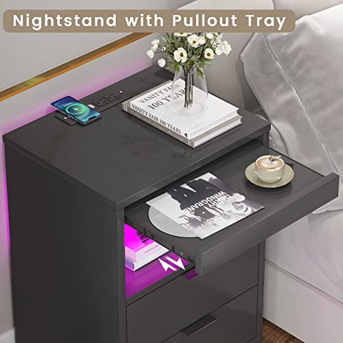 ADORNEVE LED Nightstand Black Nightstand with Wireless Charging Station 2 Drawers, Modern Bedroom End Side Table with LED Lights, Wooden Sofa Bedside Table with Pull-Out Shelf