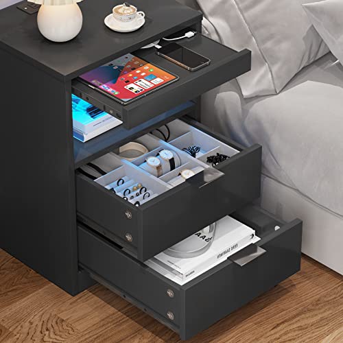 ADORNEVE LED Nightstand Black Nightstand with Wireless Charging Station 2 Drawers, Modern Bedroom End Side Table with LED Lights, Wooden Sofa Bedside Table with Pull-Out Shelf