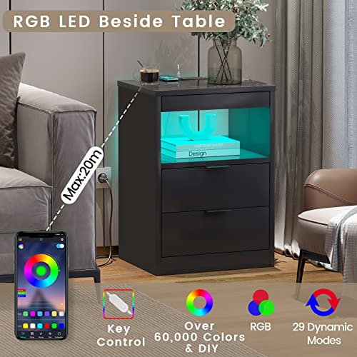 ADORNEVE LED Nightstand Black Nightstand with Wireless Charging Station 2 Drawers, Modern Bedroom End Side Table with LED Lights, Wooden Sofa Bedside Table with Pull-Out Shelf