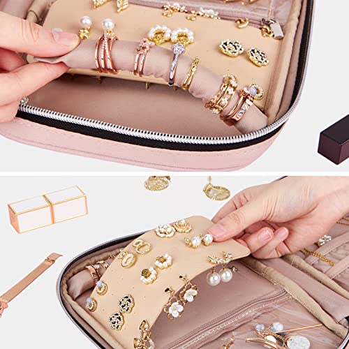 BELALIFE Travel Jewelry Organizer, Portable Jewelry Storage Case for Earrings, Rings, Necklaces, Bracelets, Pink