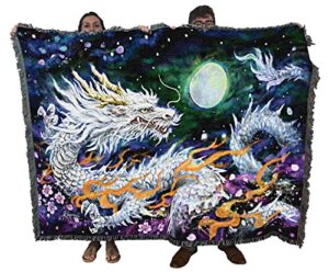pure country weavers white dragon and the moon blanket by kayomi harai - fantasy gift tapestry throw woven from cotton - made in the usa (72x54)