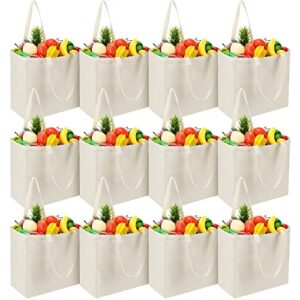 12 pieces canvas grocery bag large blank tote bags, reusable canvas shopping bag with long handle white washable foldable plain natural heavy duty totes bags bulk for kitchen, 14 x 14 x 7.9 inch