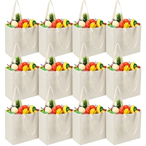 12 Pieces Canvas Grocery Bag Large Blank Tote Bags, Reusable Canvas Shopping Bag with Long Handle White Washable Foldable Plain Natural Heavy Duty Totes Bags Bulk for Kitchen, 14 x 14 x 7.9 Inch