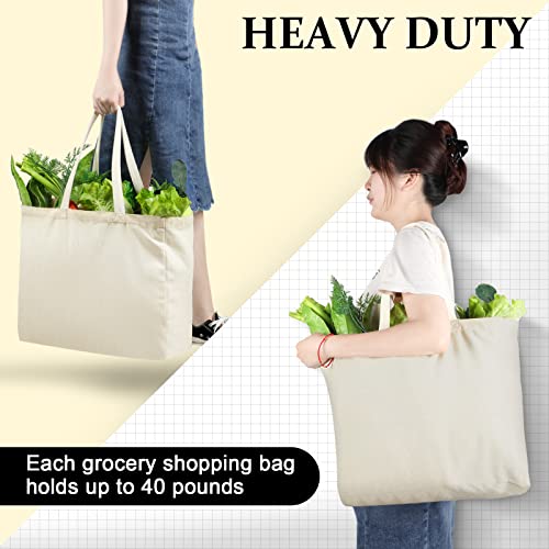 12 Pieces Canvas Grocery Bag Large Blank Tote Bags, Reusable Canvas Shopping Bag with Long Handle White Washable Foldable Plain Natural Heavy Duty Totes Bags Bulk for Kitchen, 14 x 14 x 7.9 Inch