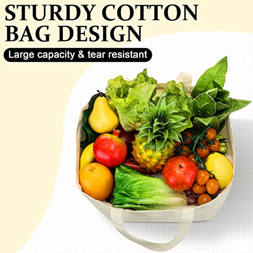 12 Pieces Canvas Grocery Bag Large Blank Tote Bags, Reusable Canvas Shopping Bag with Long Handle White Washable Foldable Plain Natural Heavy Duty Totes Bags Bulk for Kitchen, 14 x 14 x 7.9 Inch