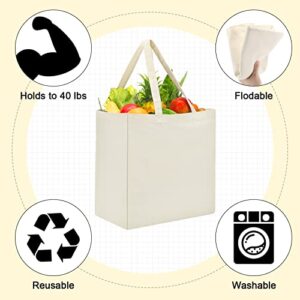 12 Pieces Canvas Grocery Bag Large Blank Tote Bags, Reusable Canvas Shopping Bag with Long Handle White Washable Foldable Plain Natural Heavy Duty Totes Bags Bulk for Kitchen, 14 x 14 x 7.9 Inch