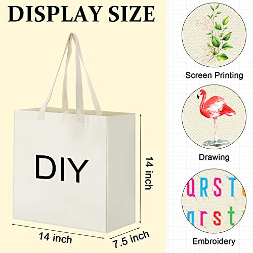 12 Pieces Canvas Grocery Bag Large Blank Tote Bags, Reusable Canvas Shopping Bag with Long Handle White Washable Foldable Plain Natural Heavy Duty Totes Bags Bulk for Kitchen, 14 x 14 x 7.9 Inch