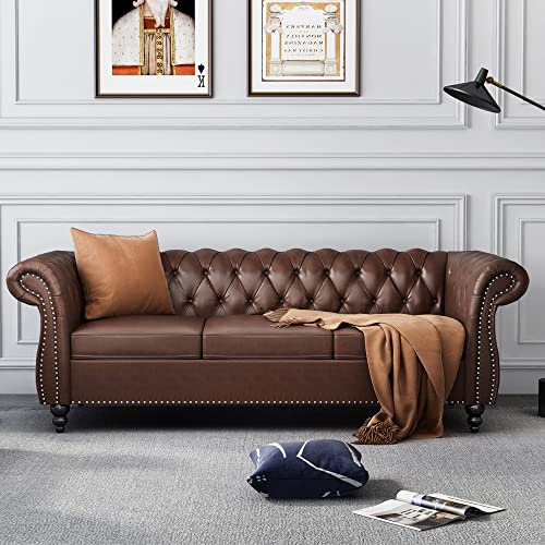 AVZEAR Leather Sofa 3 Seater Couch, Large Sofa Furniture Roll Arm Classic Tufted Chesterfield Settee Leather Sofa with Channel Tufted Seat Back for Living Room, Brown PU