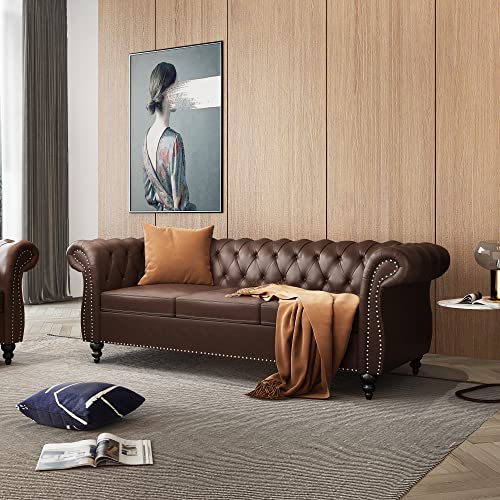 AVZEAR Leather Sofa 3 Seater Couch, Large Sofa Furniture Roll Arm Classic Tufted Chesterfield Settee Leather Sofa with Channel Tufted Seat Back for Living Room, Brown PU