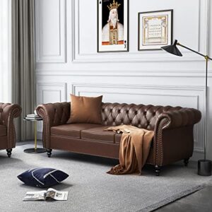 AVZEAR Leather Sofa 3 Seater Couch, Large Sofa Furniture Roll Arm Classic Tufted Chesterfield Settee Leather Sofa with Channel Tufted Seat Back for Living Room, Brown PU