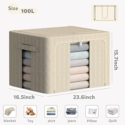 3 Pack Clothes Storage Bins Stackable Large Capacity Metal Frame Storage Box Large Capacity Foldable Oxford Fabric Clothes Container Organizer with Clear Window (Extra Large-100L, Beige)