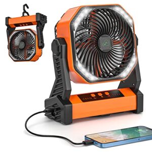 camping fan for tent with led lantern, 20000mah 58hrs battery powered portable fan - 270° pivot, 4 speeds rechargeable fan with hanging hook for travel car, tent, camping, outdoor, indoor