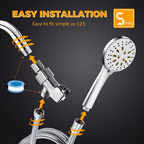 Power Shower Head High Pressure, Shower Head Rainfall with Handheld Spray for Bathroom RV, 6 Setting Detachable Pressure Increasing Strong Jet with 59" Hose