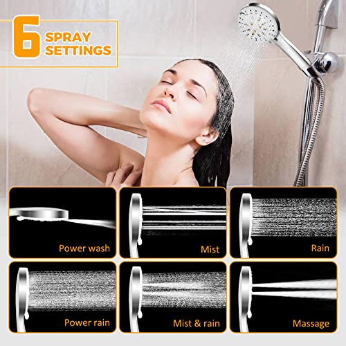 Power Shower Head High Pressure, Shower Head Rainfall with Handheld Spray for Bathroom RV, 6 Setting Detachable Pressure Increasing Strong Jet with 59" Hose