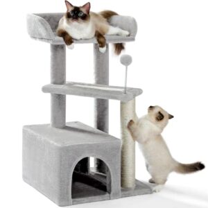 made4pets cat tree, carpet cat tower grey for indoors cats, cute wood kitty condo with scratching post and pad, 27" multi-level modern activity climbing furniture for small and medium cats