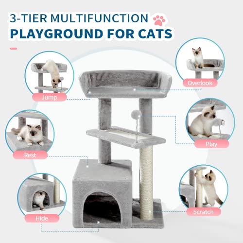 Made4Pets Cat Tree, Carpet Cat Tower Grey for Indoors Cats, Cute Wood Kitty Condo with Scratching Post and Pad, 27" Multi-Level Modern Activity Climbing Furniture for Small and Medium Cats