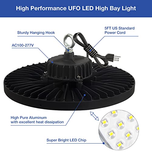 EVBFORU 2 Pack UFO LED High Bay Light, 200W LED High Bay Light, 5000K LED Shop Light with 29,000lm,US Plug, IP66 Commercial Warehouse Area Light for Wet Location Area, Workshop, Garage