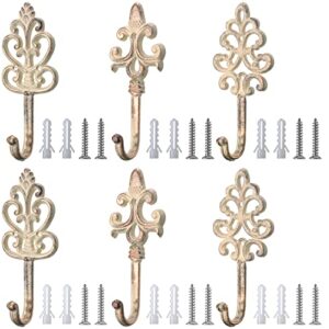 6 pieces shabby chic cast iron decorative wall mounted hooks retro hanging hooks rustic wall white bathroom towel hooks with screws and anchors for hanging coat towel, 3.15 x 7 inch