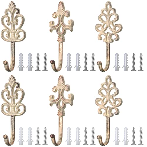 6 Pieces Shabby Chic Cast Iron Decorative Wall Mounted Hooks Retro Hanging Hooks Rustic Wall White Bathroom Towel Hooks with Screws and Anchors for Hanging Coat Towel, 3.15 x 7 Inch