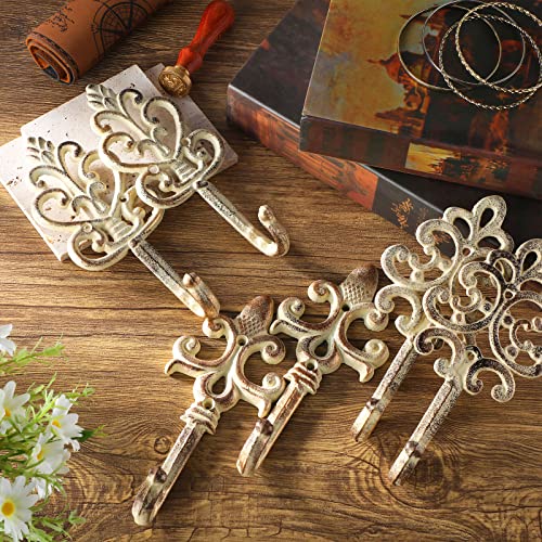 6 Pieces Shabby Chic Cast Iron Decorative Wall Mounted Hooks Retro Hanging Hooks Rustic Wall White Bathroom Towel Hooks with Screws and Anchors for Hanging Coat Towel, 3.15 x 7 Inch