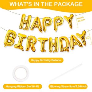 Happy Birthday Balloons Banner, 16 Inch Gold Happy Birthday Letters Sign 3D Mylar Foil Inflatable Birthday Party Decorations for Kids Adults Girls Women Boys Men