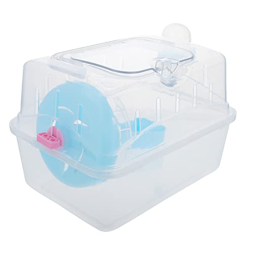 POPETPOP Transparent Hamster Cage Small Animal Habitat Clear Portable Hamster Carrier Cage Plastic House with Exercise Wheel Litter Box for Gerbils Bear Mice Rat Guinea Pig Blue