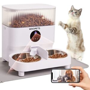 automatic cat feeders, whdpets 5l cat food dispenser with 1080p camera for 2 cats & dogs with feeding mat, portion control, dual power supply, voice recorder, 2.4g wi-fi enabled