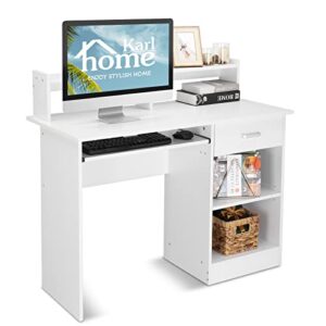 karl home computer desk study writing desk, wooden home office workstation pc laptop table with drawer shelf keyboard tray, white
