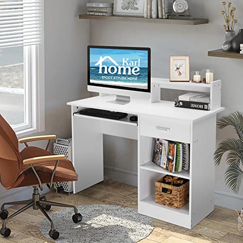 Karl home Computer Desk Study Writing Desk, Wooden Home Office Workstation PC Laptop Table with Drawer Shelf Keyboard Tray, White