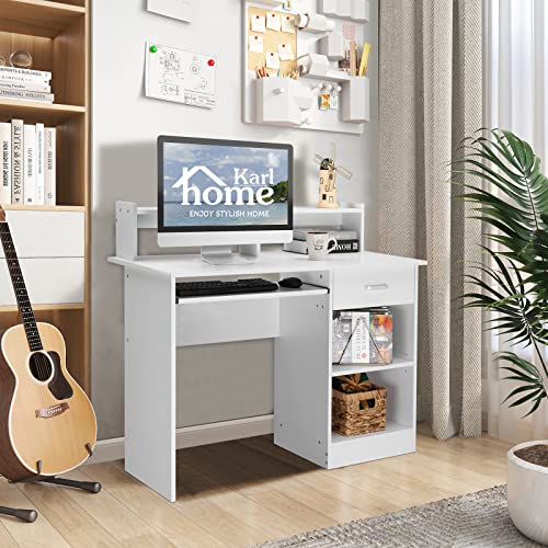 Karl home Computer Desk Study Writing Desk, Wooden Home Office Workstation PC Laptop Table with Drawer Shelf Keyboard Tray, White