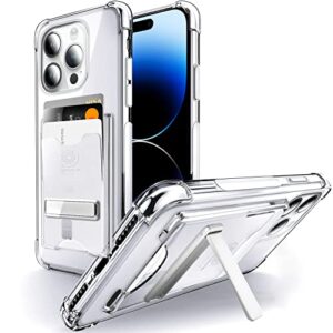 shields up designed for iphone 14 pro max case with card holder (3 cards), iphone 14 pro max case wallet with stand, slim protective shockproof transparent cover for iphone 14 pro max 6.7 inch, clear