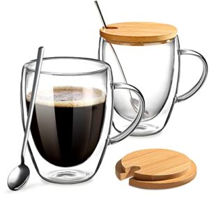 gmisun glass coffee cups, 2 pack double wall glass coffee mugs with bamboo lids, 12 oz clear coffee mug with handle, for ice coffee/tea/hot beverages/cappuccino/latte, extra spoons, coaster