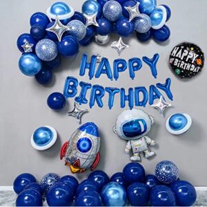 blue outer space balloon garland kit, aerospace theme party decorations with rocket astronaut balloons and metallic silver and metallic blue happy birthday decoration